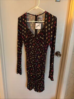 Jonathan Cohen Black Long-Sleeve Star-Print Ruched Dress